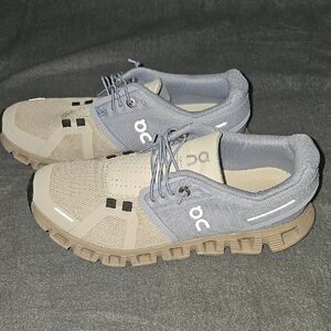 On Clouds Light Blue and Cream Sneakers